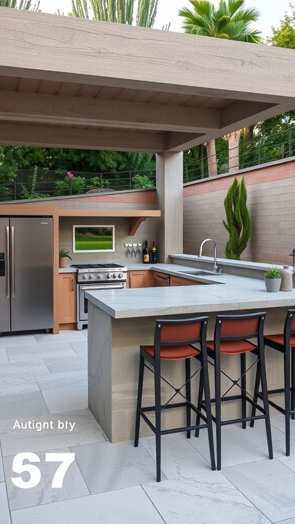 Modern outdoor kitchen with sleek stone countertops and black bar stools