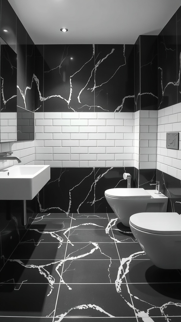 A modern bathroom featuring sleek black and white tiles with a stylish minimalist design.