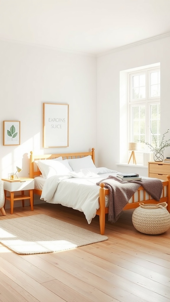 A sleek Scandinavian bedroom featuring a wooden bed, white bedding, and natural light.