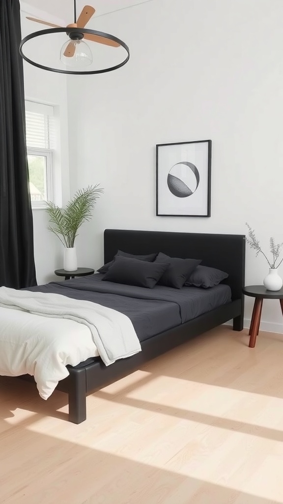 A sleek Scandinavian style bedroom featuring a black bed, light wood flooring, and minimal decor.