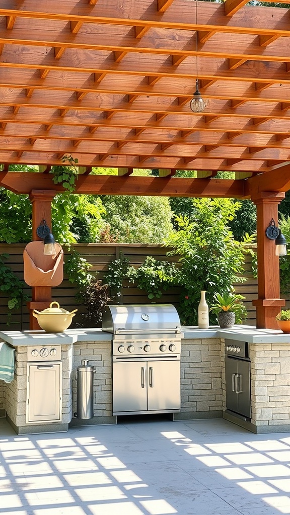 Outdoor kitchen featuring sleek stainless steel appliances, a grill, and lush greenery