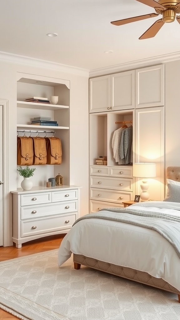 A stylish bedroom featuring sleek storage solutions, including built-in shelves, cabinets, and decorative items.