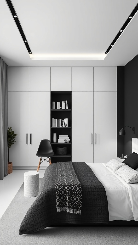 A modern black and white bedroom featuring sleek storage solutions with built-in cabinetry and stylish decor.