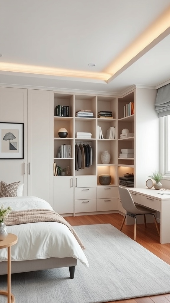 A stylish bedroom featuring built-in shelves, a cozy bed, and a workspace, emphasizing organization and elegance.