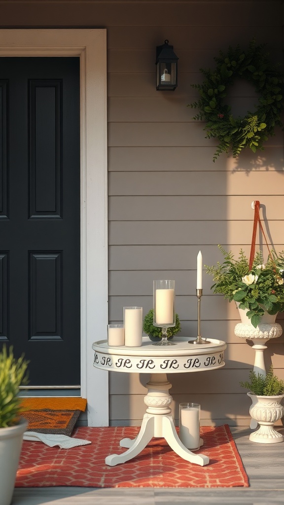 A small white table with decorative accents on a porch, featuring candles and a flower arrangement.