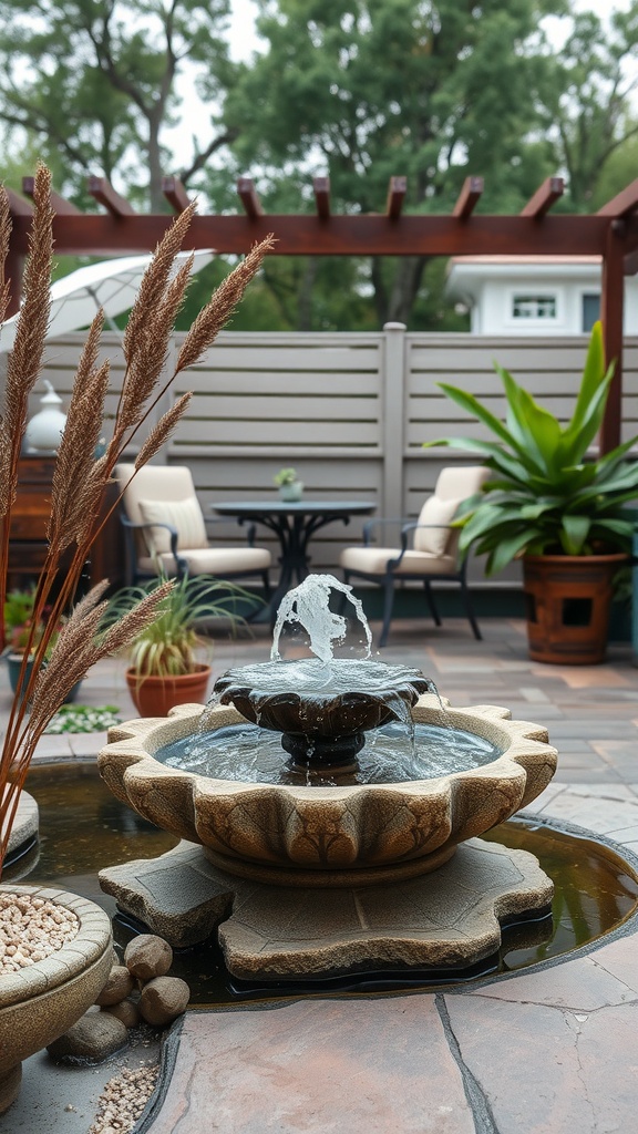 A small stone fountain in a cozy patio setting with decorative plants and seating.