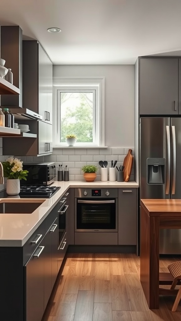 Modern kitchen with sleek appliances and cozy decor