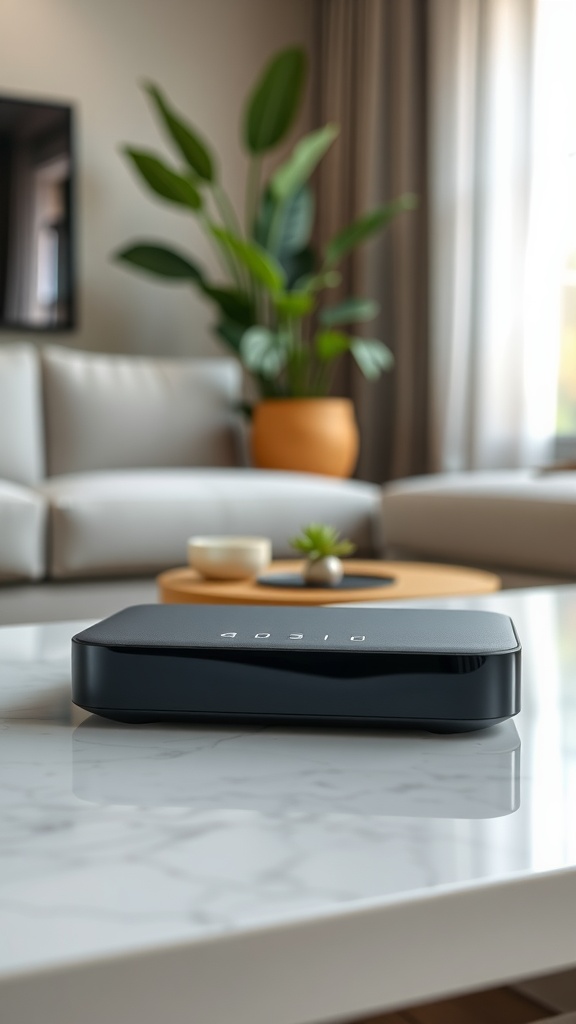 A sleek smart home device on a marble table in a modern living room setting