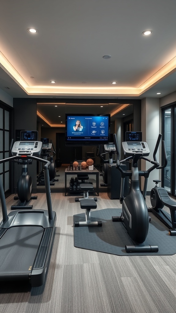 A modern home gym featuring a treadmill, elliptical, and a large screen for workouts.