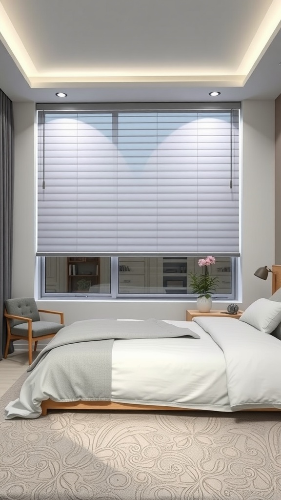 A cozy modern bedroom featuring smart home integration with stylish blinds, recessed lighting, and a comfortable bed.