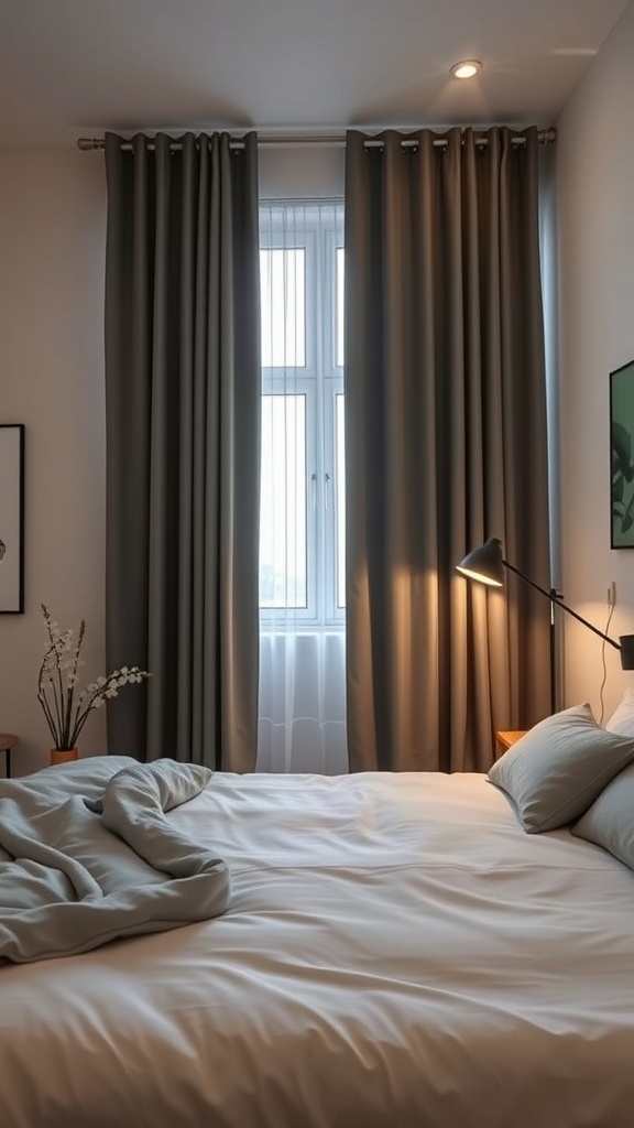 A cozy bedroom with blackout curtains, a neatly made bed, and a stylish lamp.