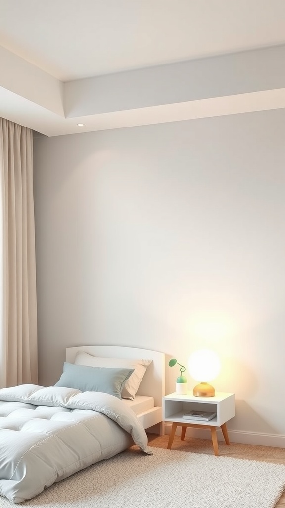 A minimal kids bedroom with a bed and a stylish lamp on a nightstand