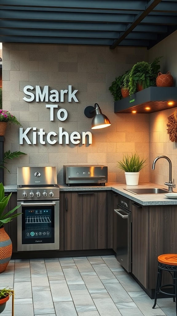 A modern outdoor kitchen featuring smart appliances and greenery.