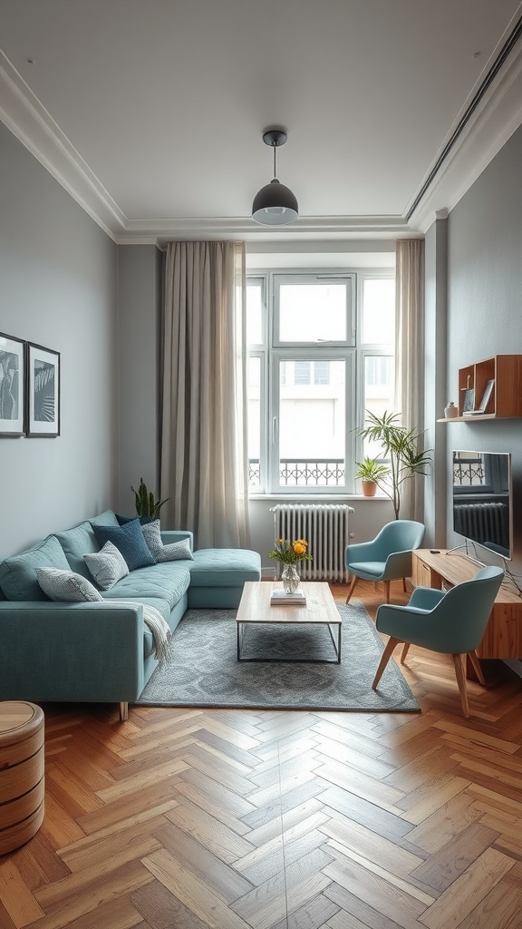 Aesthetic living room in an apartment featuring a teal sofa, light-colored walls, wooden flooring, and minimalistic decor.