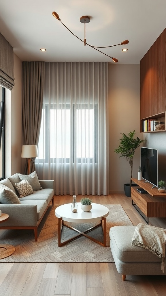 Stylish apartment living room with light furniture and natural light
