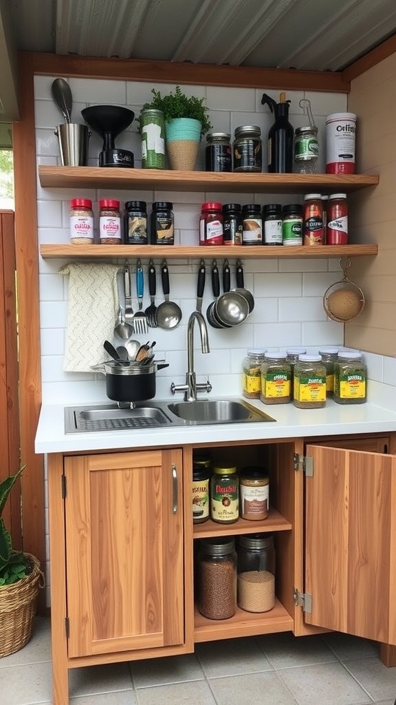 Small outside kitchen with open shelves, spices, and storage cabinets