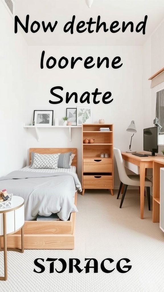 Cozy small bedroom with smart storage solutions including a bed with drawers, wall shelves, and a compact desk.