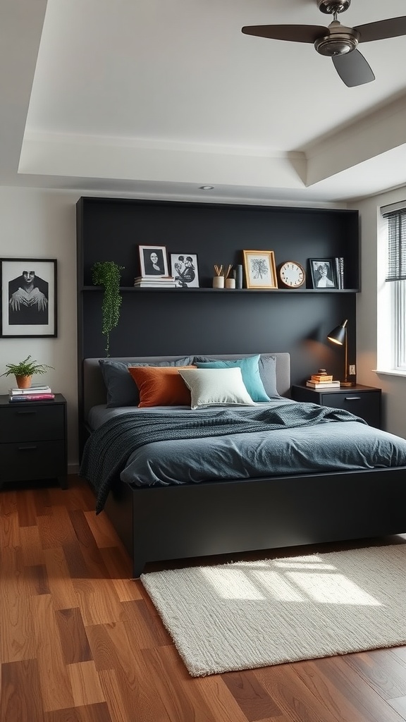 A modern bedroom featuring a black bedframe, stylish decor, and smart storage solutions.