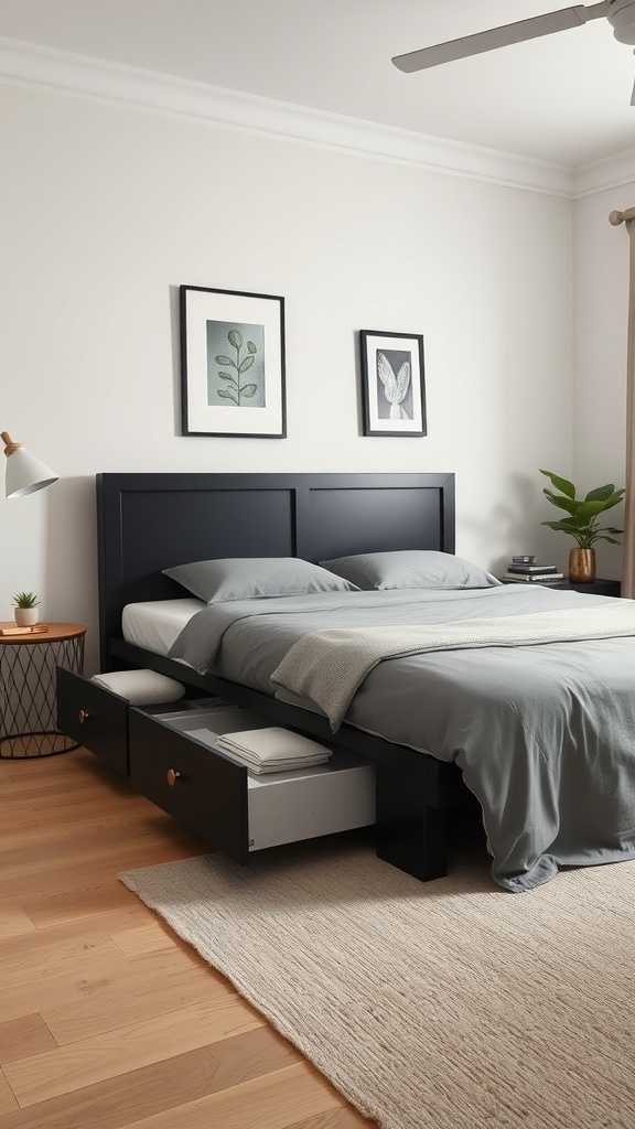 A modern bedroom featuring a black bed frame with storage drawers underneath, styled with gray bedding and minimal decor.