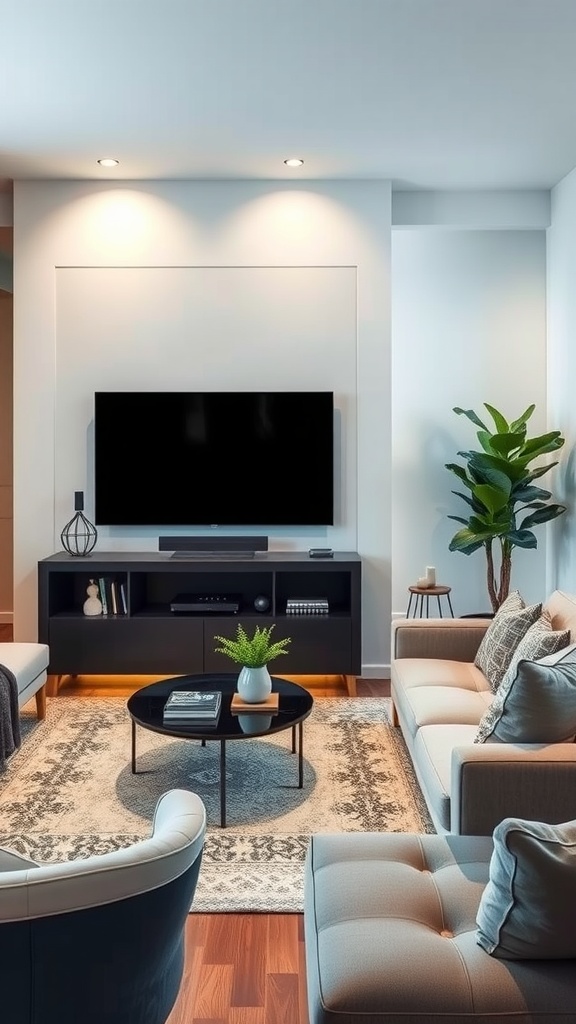 A modern living room featuring smart technology elements such as a wall-mounted TV, sleek furniture, and stylish decor.