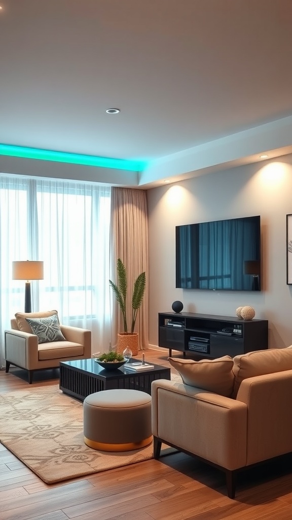 Modern living room with smart technology, comfortable seating, and LED lighting