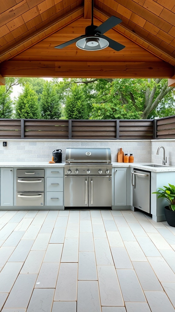 A modern outdoor kitchen featuring stainless steel appliances, a sleek design, and a spacious layout.