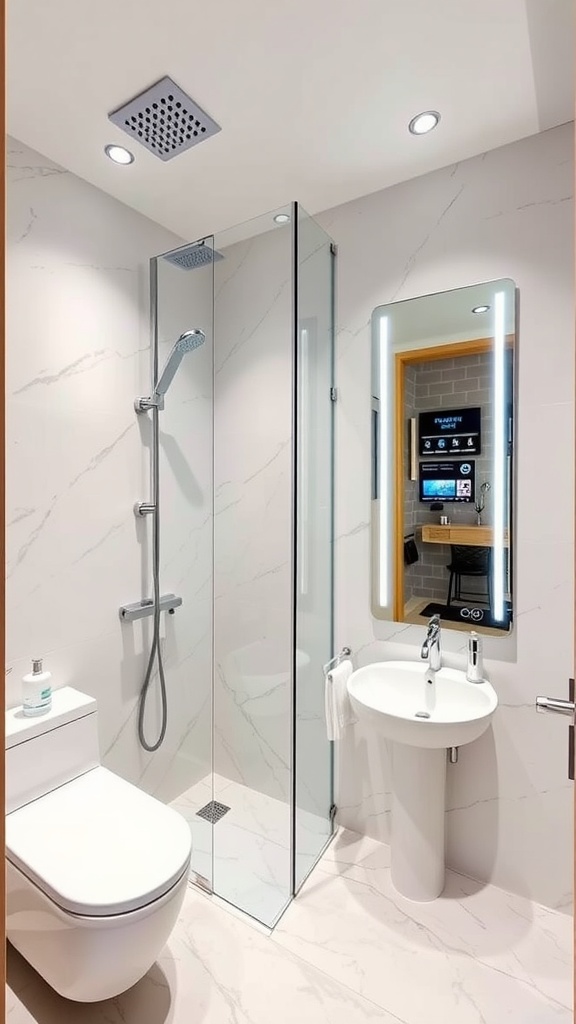 A modern guest bathroom featuring a sleek shower, toilet, and smart mirror.