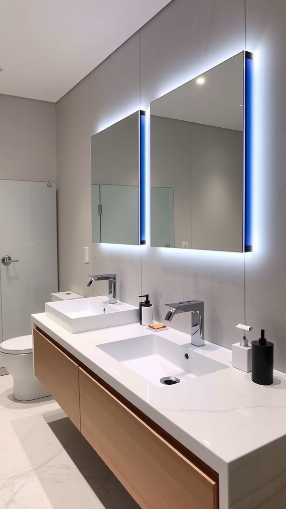 Modern bathroom vanity with smart technology integration, featuring LED mirrors and sleek faucets.