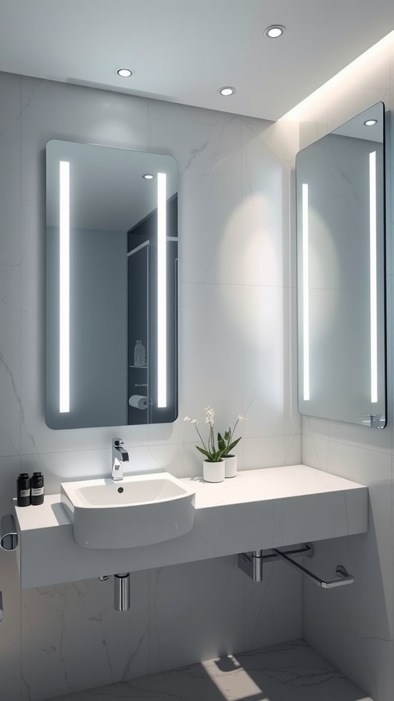 A modern bathroom with smart mirrors, LED lighting, and a stylish sink.