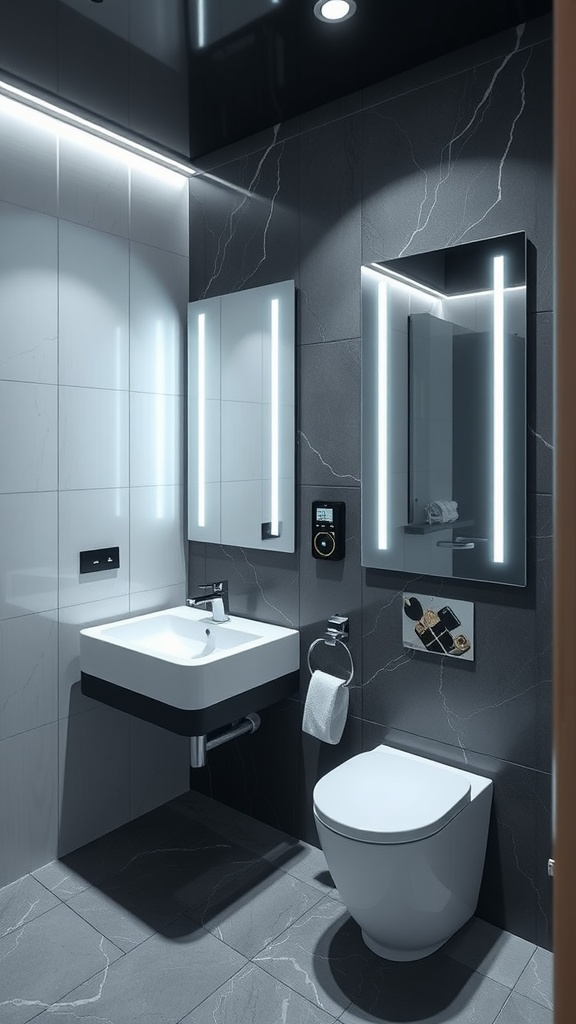 A modern bathroom featuring smart technology integration with sleek mirrors, lighting, and controls.