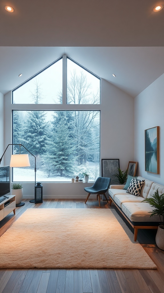 Cozy all-season room with large windows in winter scenery