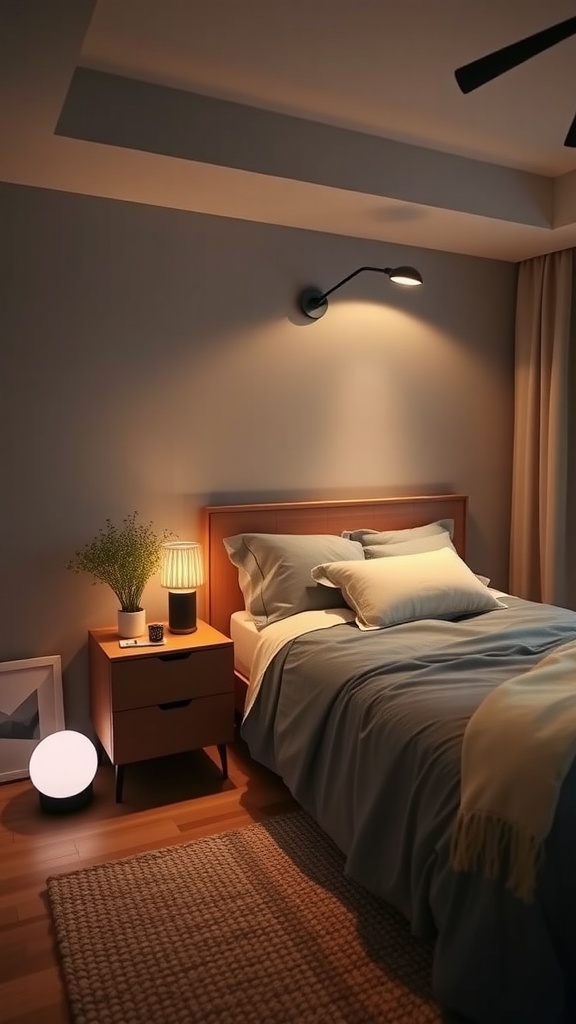 A modern bedroom featuring smart lighting and cozy decor.