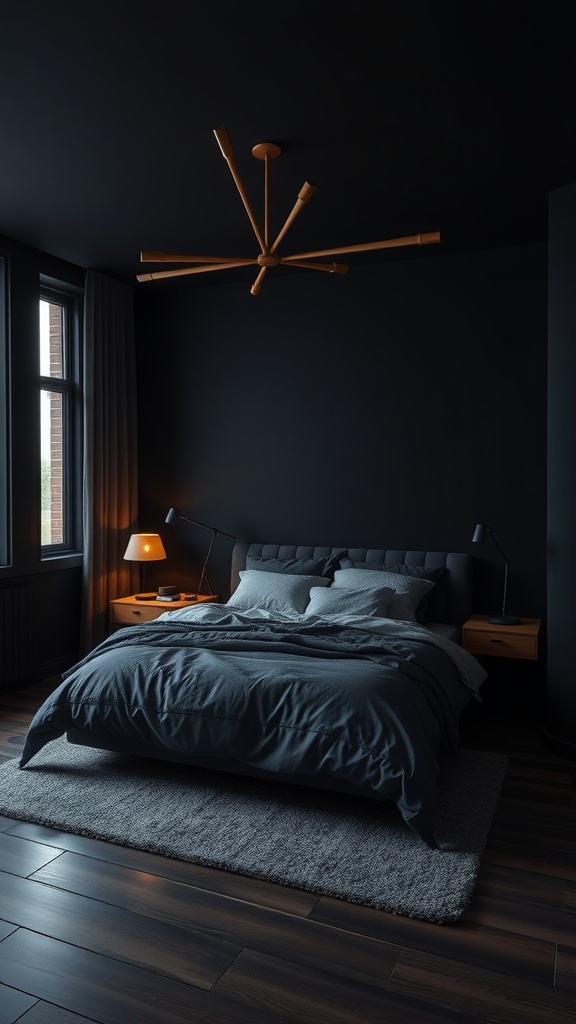 A stylish black bedroom featuring a modern design with smart technology elements.