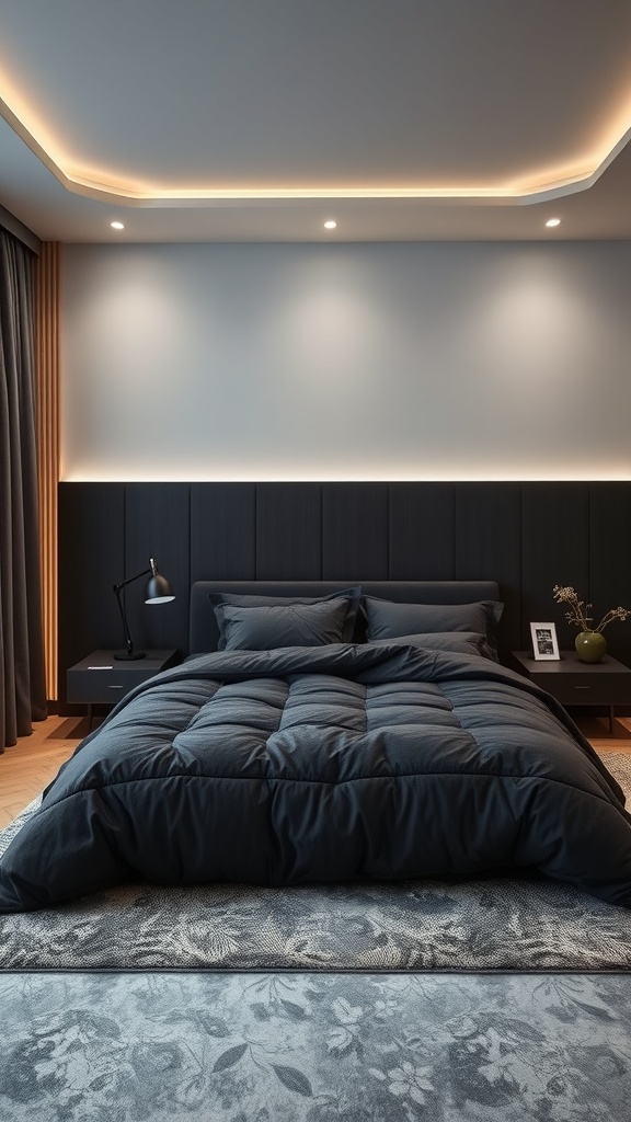 A modern bedroom featuring a black comforter, smart lighting, and a cozy atmosphere.
