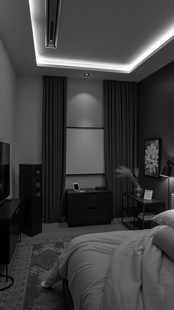 A stylish black and white bedroom featuring smart technology integration.
