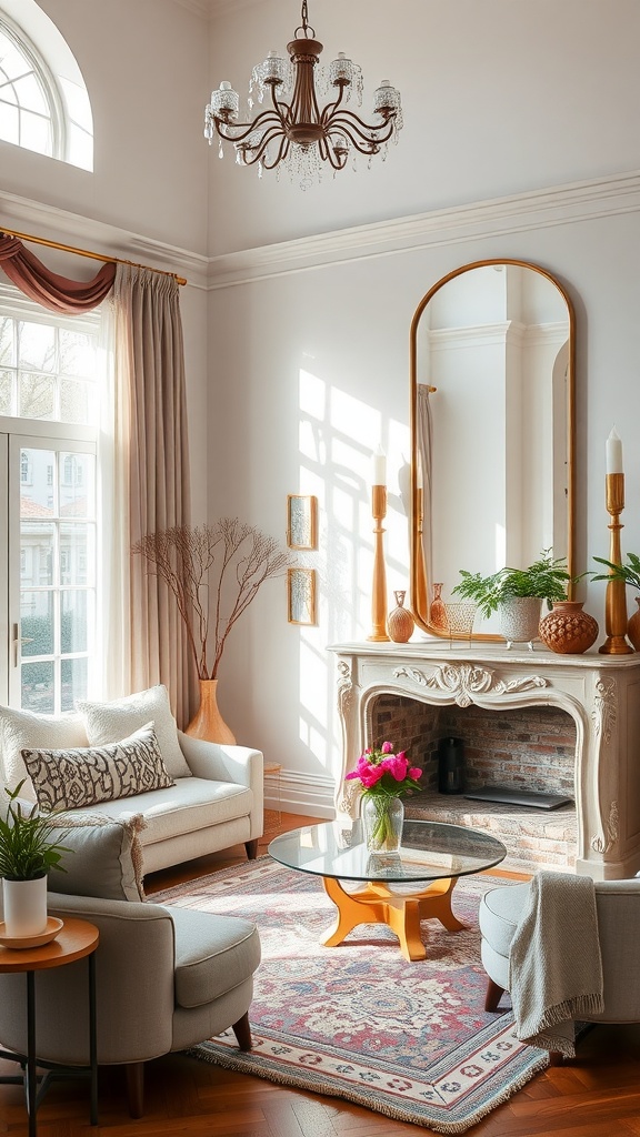 A beautifully decorated living room with a large mirror above a fireplace, showcasing elegant furniture and warm lighting.