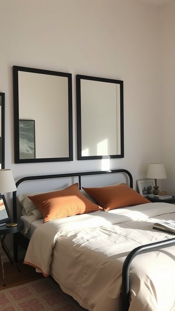 A cozy bedroom featuring two black-framed mirrors above a bed with orange pillows.