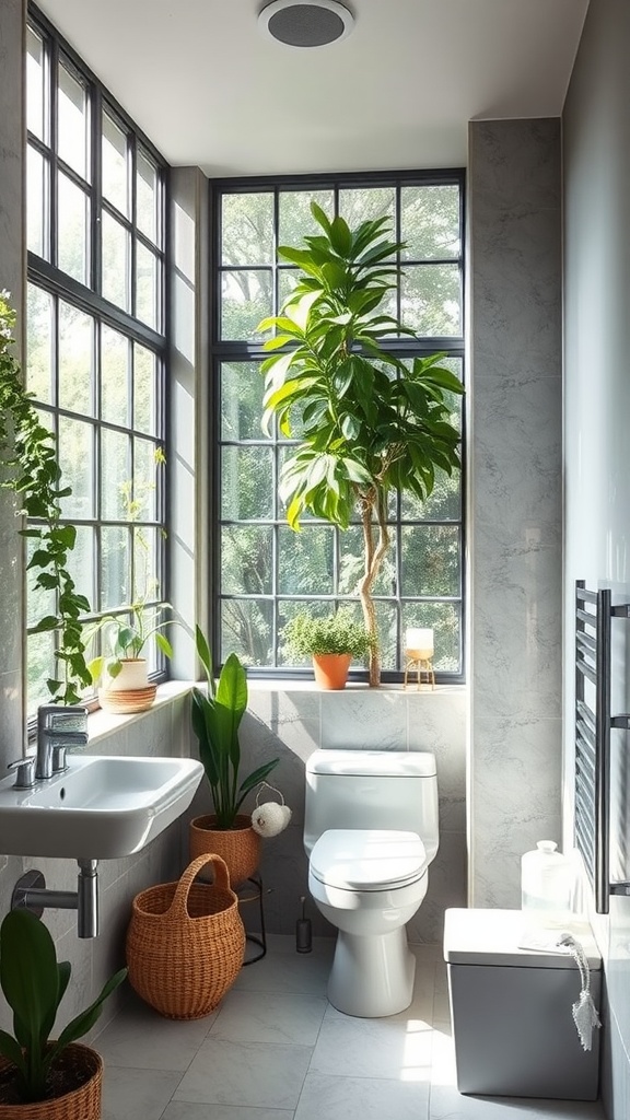 Bright small bathroom with large windows, plants, and modern fixtures