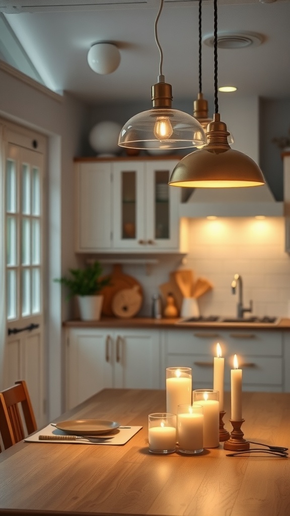 Cozy kitchen with soft ambient lighting, candles on the table, and warm bulbs overhead.