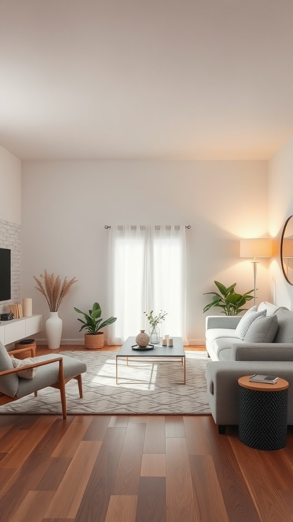 A minimalist living room with soft ambient lighting from a floor lamp and natural light from a window, featuring simple furniture and plants.
