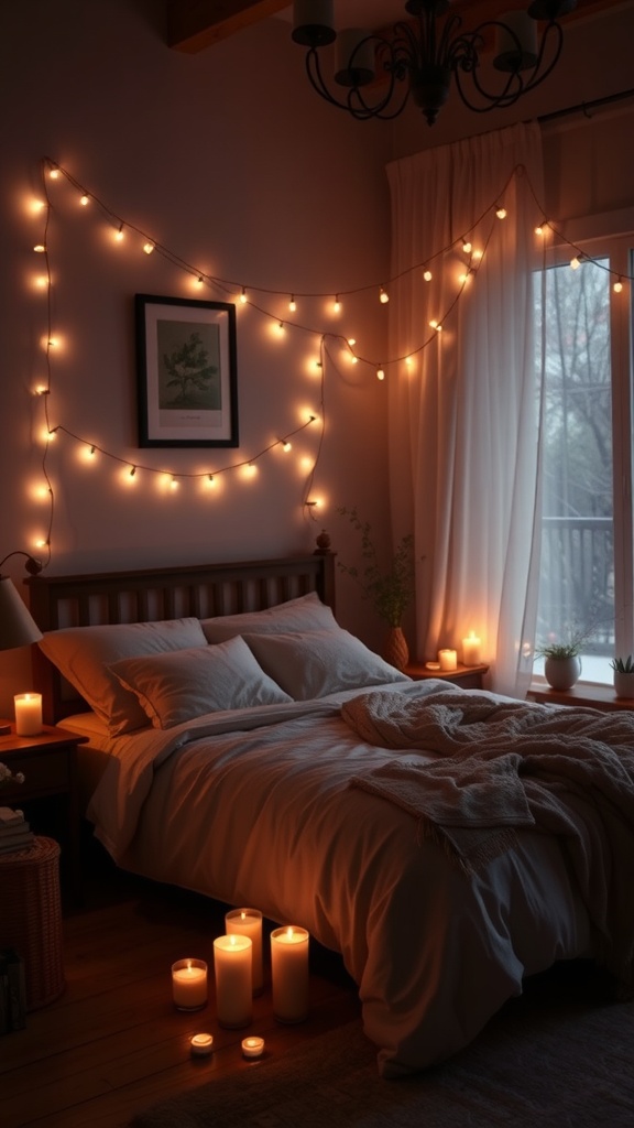 A cozy bedroom with soft ambient lighting from string lights and candles.