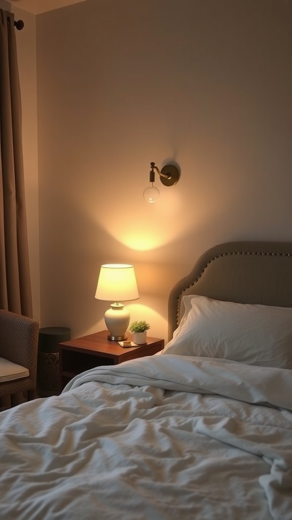 A cozy modern bedroom with soft ambient lighting from a bedside lamp and wall sconce.