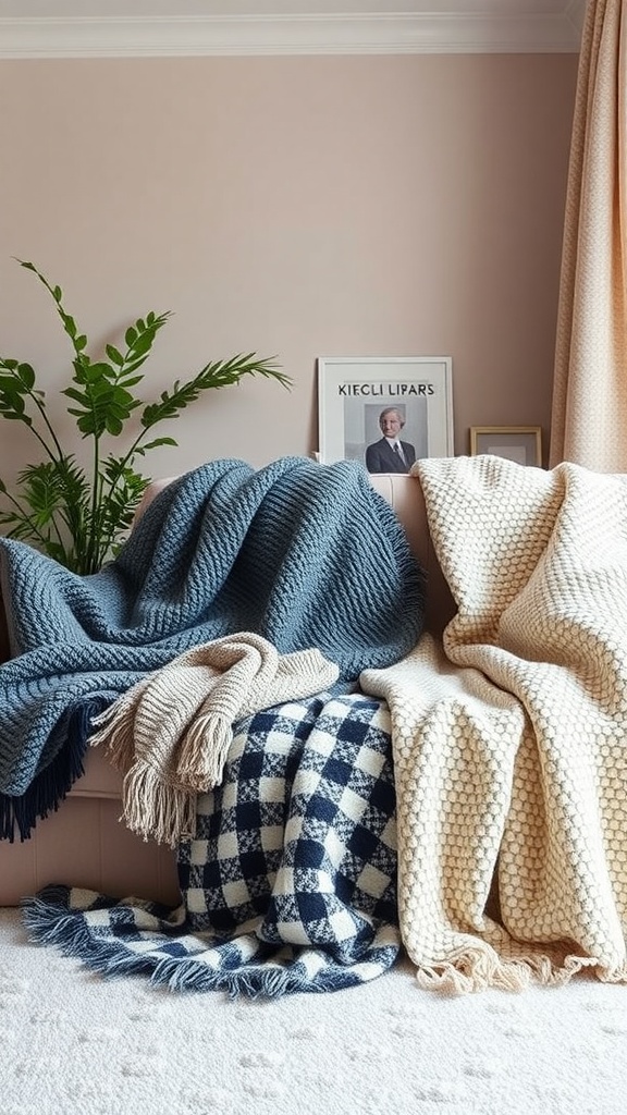 A cozy living room scene featuring a blue chunky knit throw, a cream honeycomb throw, and a navy and white plaid throw draped over a sofa.