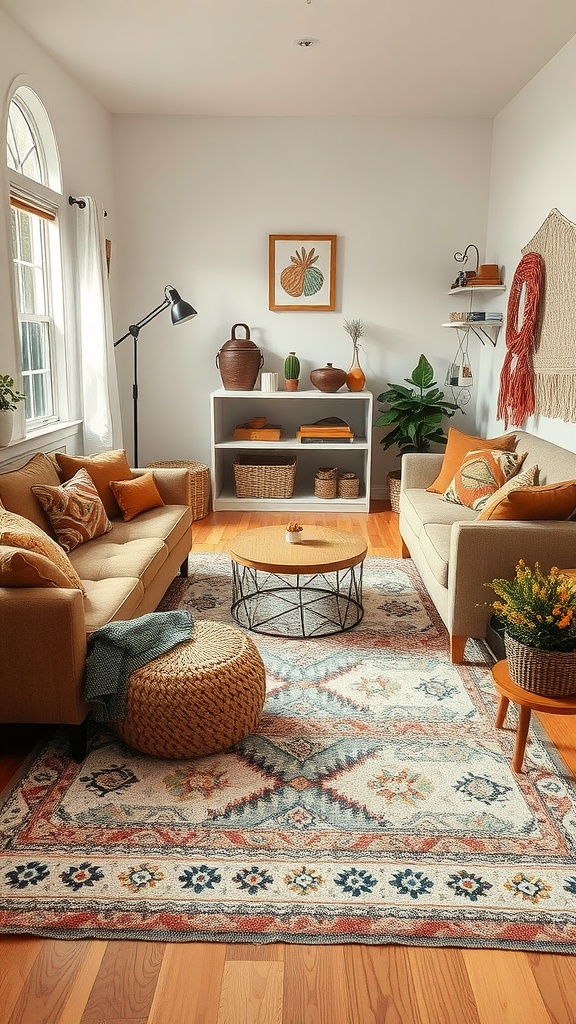A cozy living room featuring soft area rugs, warm colors, and inviting furniture.
