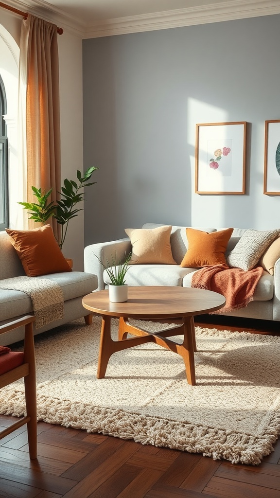 Cozy living room with a soft area rug, light-colored couch, and warm-toned decor.