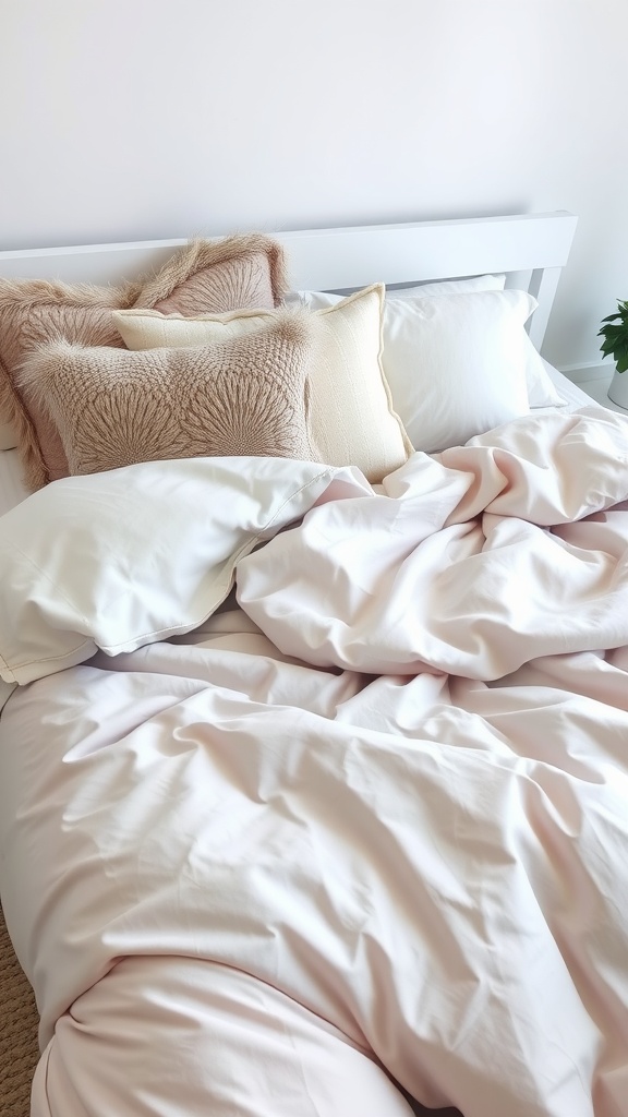 A cozy bed with soft pink bedding and fluffy pillows.