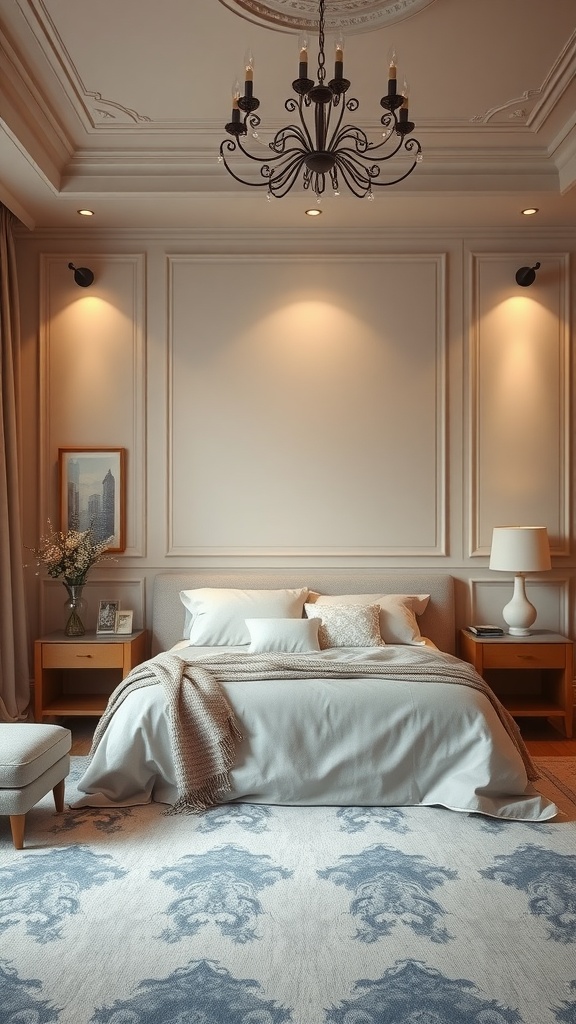 A cozy bedroom with soft beige accent walls, a comfortable bed, and stylish decor.