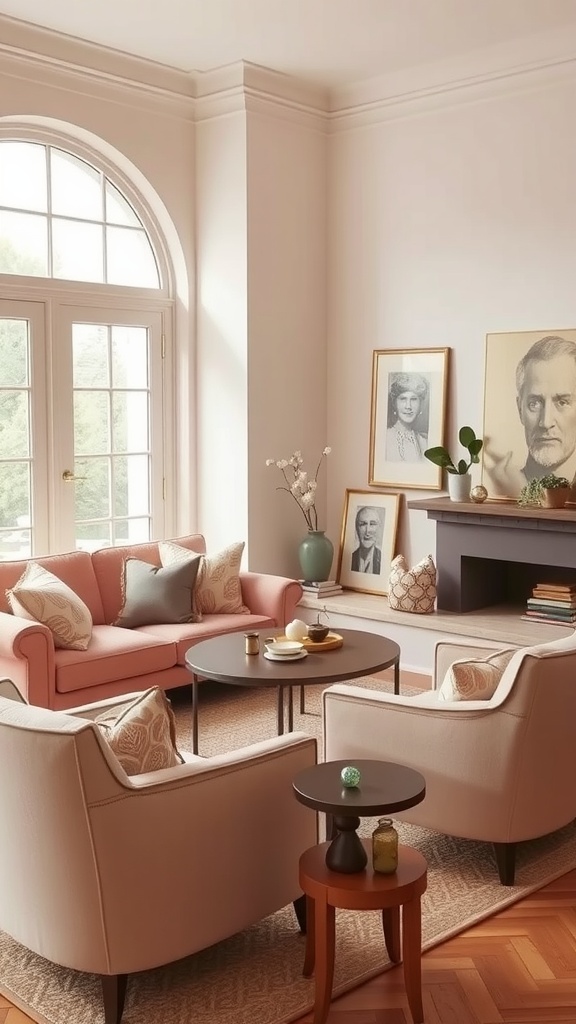 A soft blush living room featuring a pink sofa, cream chairs, and a round coffee table, illuminated by natural light.
