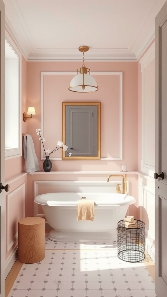 A beautifully designed bathroom featuring soft blush walls, a white bathtub, gold fixtures, and natural light.