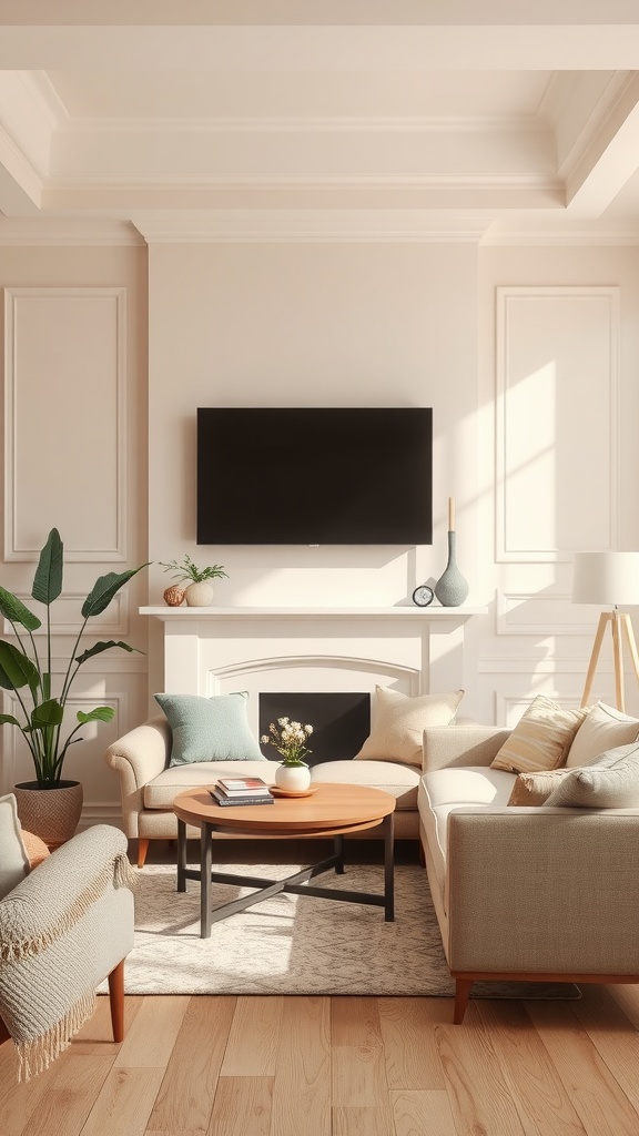 A cozy living room with soft neutral colors and greenery